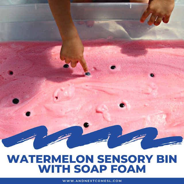 Watermelon sensory bin activity with soap foam