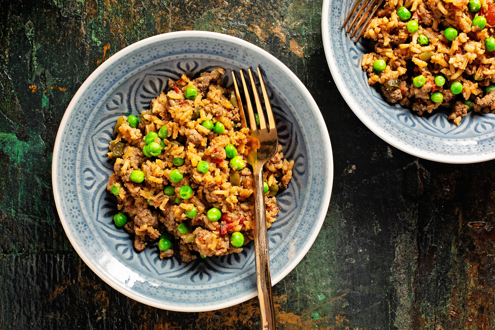 Spanish Rice with Seasoned Ground Beef and Peas