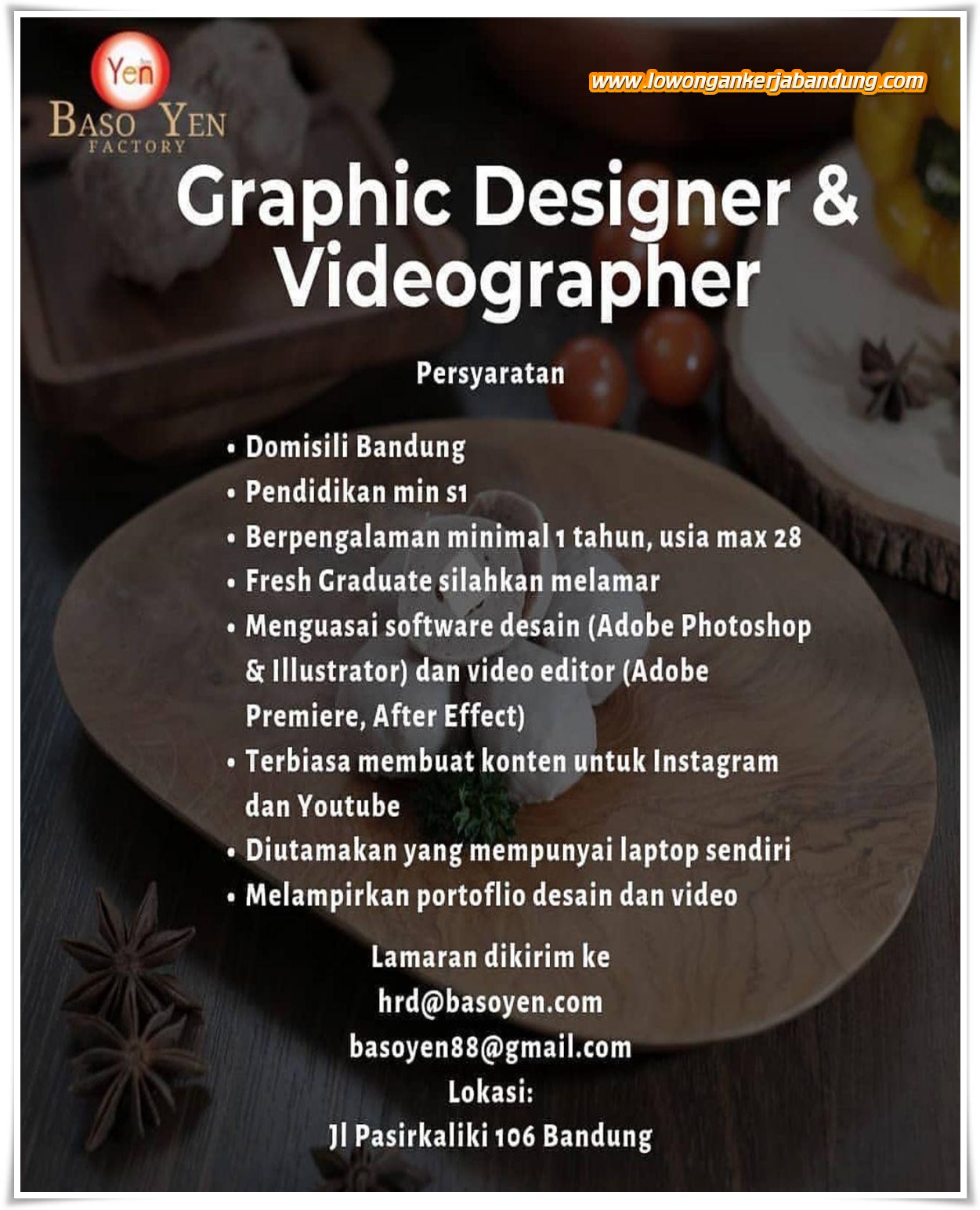 Lowongan Kerja Graphic Designer & Videographer Baso Yen Bandung - Loker
