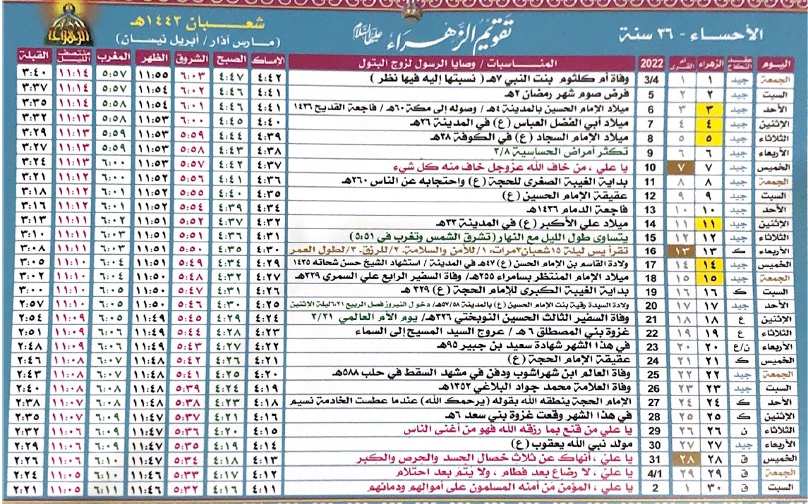 تقويم شهر صفر ١٤٤٣