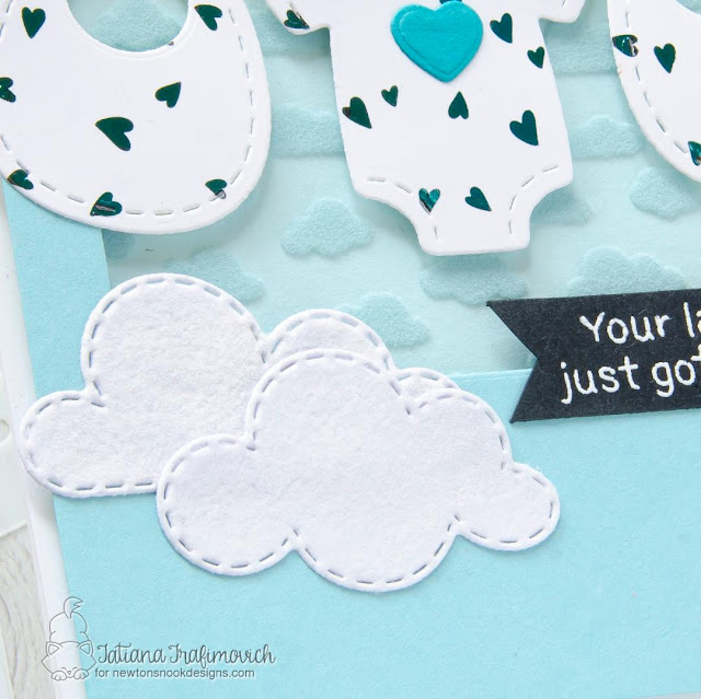 Newton's Nook Designs & Therm O Web Inspiration Week | Baby card by Tatiana Trafimovich | Bitty Bibs Stamp Set, Baby Bibs Die Set, Stitched Onesie Die Set, Sky Scene Builder Die Set, and Petite Clouds Stencil by Newton's Nook Design with Foil and Flock by Therm O Web #newtonsnook #handmade