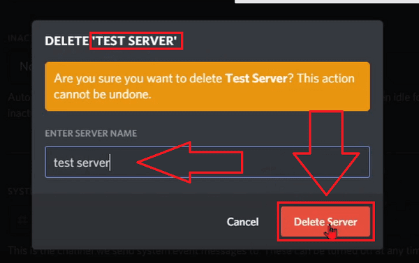 Enter name and select delete server