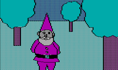 Image from the 1980 Sierra game, the Wizard and the Princess, showing a gnome in the forest.