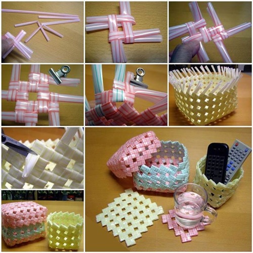 cara buat bakul dari straw minuman ringan, gambar bakul dan alas gelas diperbuat dari straw minuman tin, kegunaan bakul straw, bakul straw DIY, bakul straw bahan kitar semula