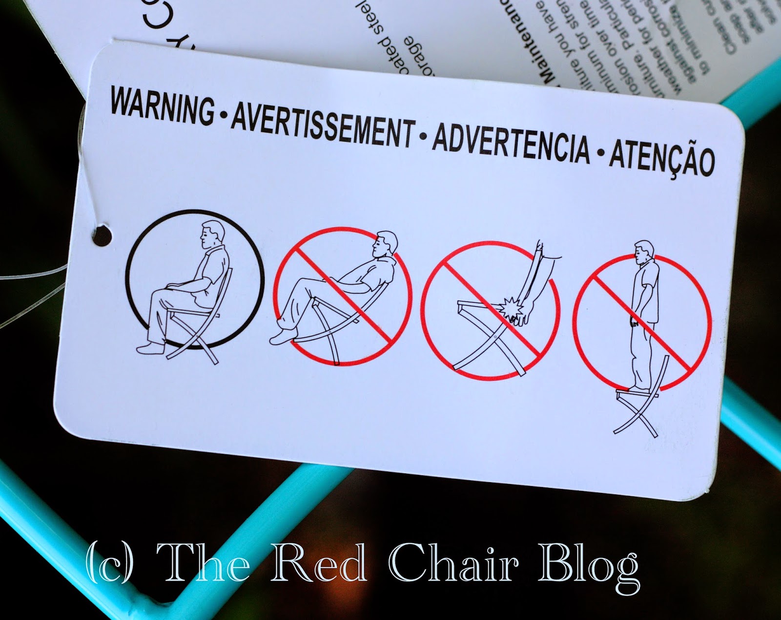 HD Designs aqua turquoise folding bistro set funny instructions at The Red Chair Blog