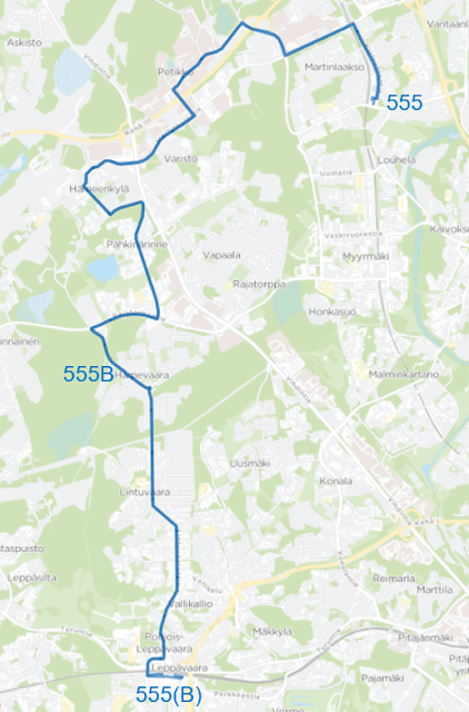 Linjan 555 uusi reitti kulkee Leppävaarasta Rajatorpantielle nykyistä reittiään. Pähkinärinteestä Vantaankoskelle linja ajaa nykyisen linjan 322 reittiä. Martinlaaksoon linja ajaa Kivivuorentietä.