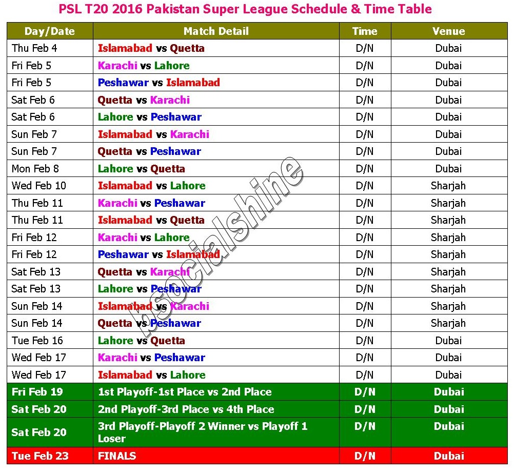 Learn New Things PSL T20 2016 Schedule & Time Table Pakistan Super League