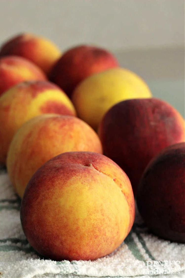 Fresh peaches lined up on cutting board