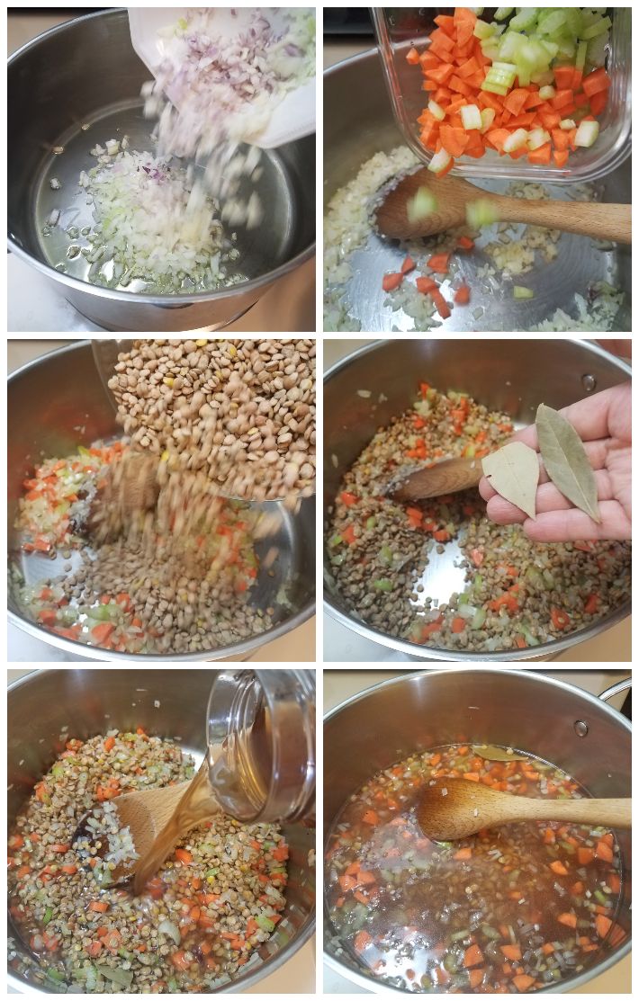 Cómo hacer la sopa de lentejas, collage de 6 fotos