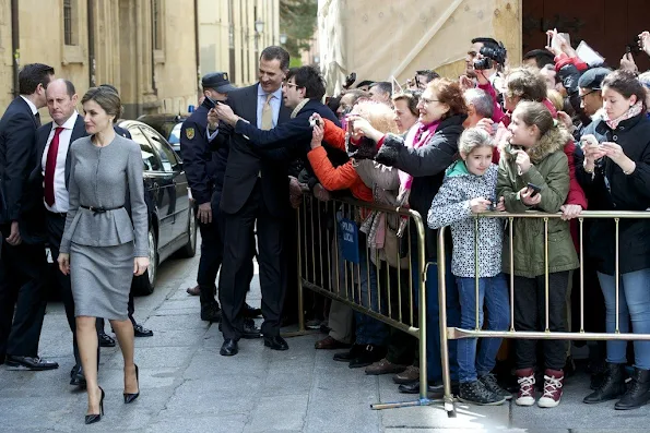 King Felipe VI of Spain and Queen Letizia of Spain attend investiture of honorary doctors by Salamanca's University at Paraninfo of Salamanca's University on April 5, 2016 in Salamanca. Queen Letizia tiara, diamond, wedding dress, jewelery, diamond earrings
