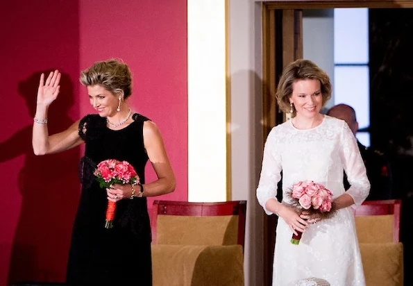 Queen Mathilde and Queen Maxima attend the finals of the Queen Elisabeth piano competition in Palace of Fine Arts. Queen Mathilde and Queen Maxima wore Natan Dress