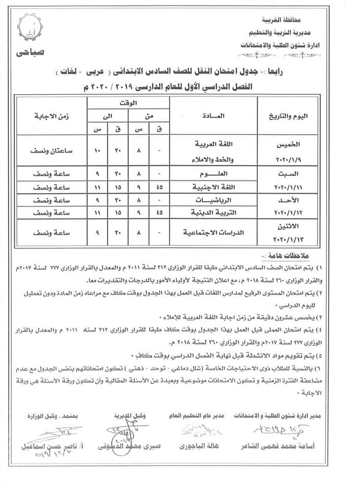 جداول امتحانات الترم الأول 2020 لجميع المحافظات.. ابتدائي - اعدادي - ثانوي 7