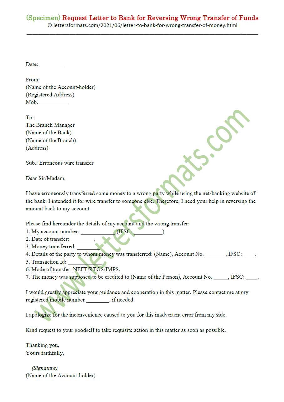 Request Letter To Bank For Reversing Wrong Transfer Of Funds