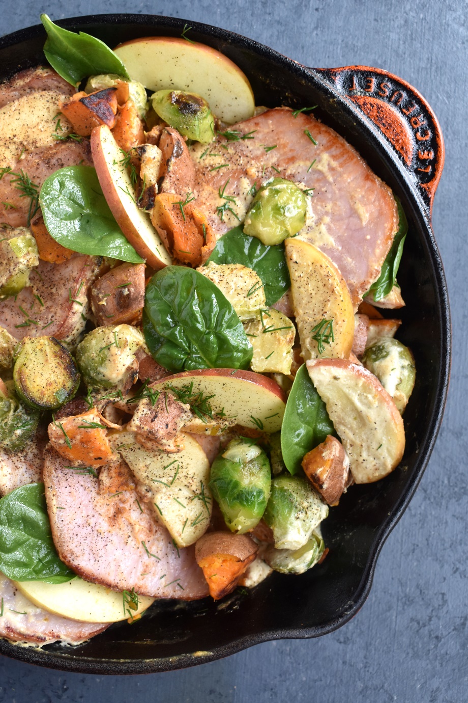 Dijon Pork Chops with Sweet Potatoes, Apples and Brussels Sprouts The