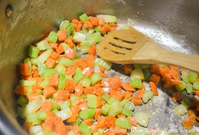 Sautéed carrots and celery with flour for Homemade Chicken and Dumplings recipe.