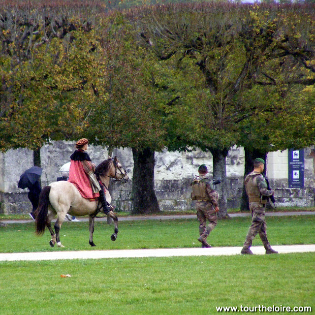 Costumed equestrian and soldiers exercising in the grounds of the Chateau of Chambord, Loir et Cher, France. Photo by Loire Valley Time Travel.