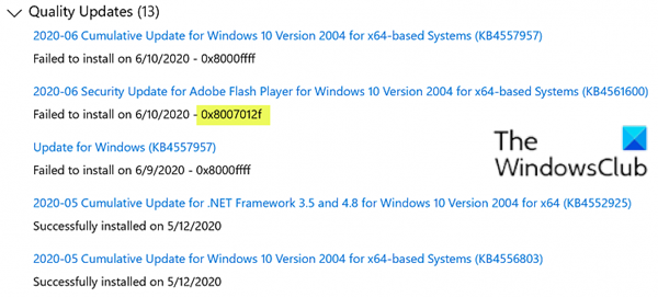 Error de actualización de Windows 0x8007012f