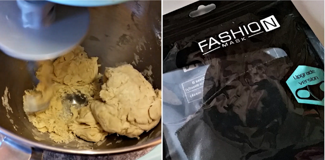 Dough in the food mixer and a face mask