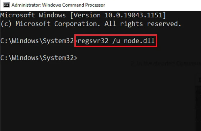 Un-register node.dll Command Prompt