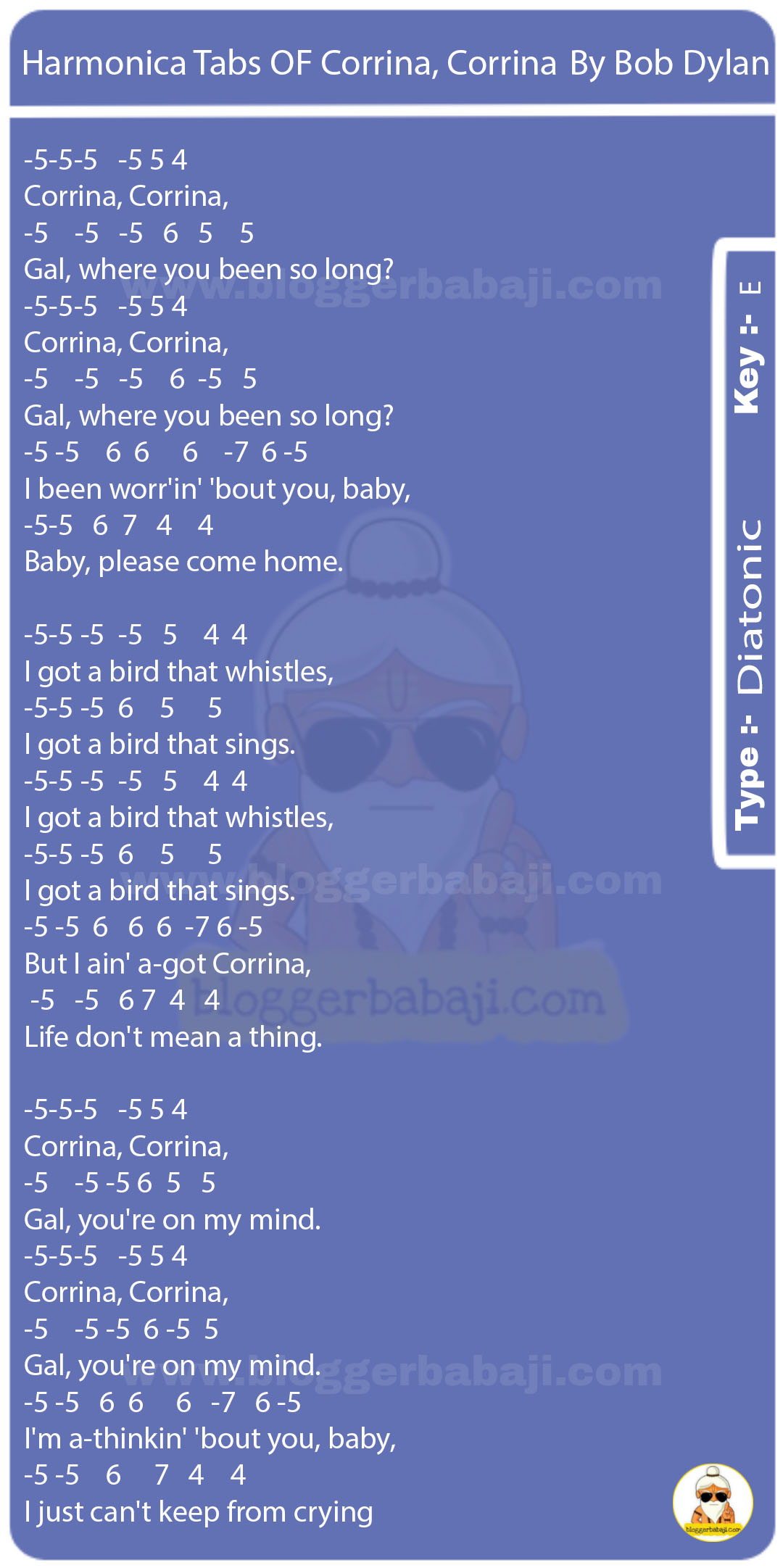 Harmonica Tabs OF Corrina, Corrina By Bob Dylan