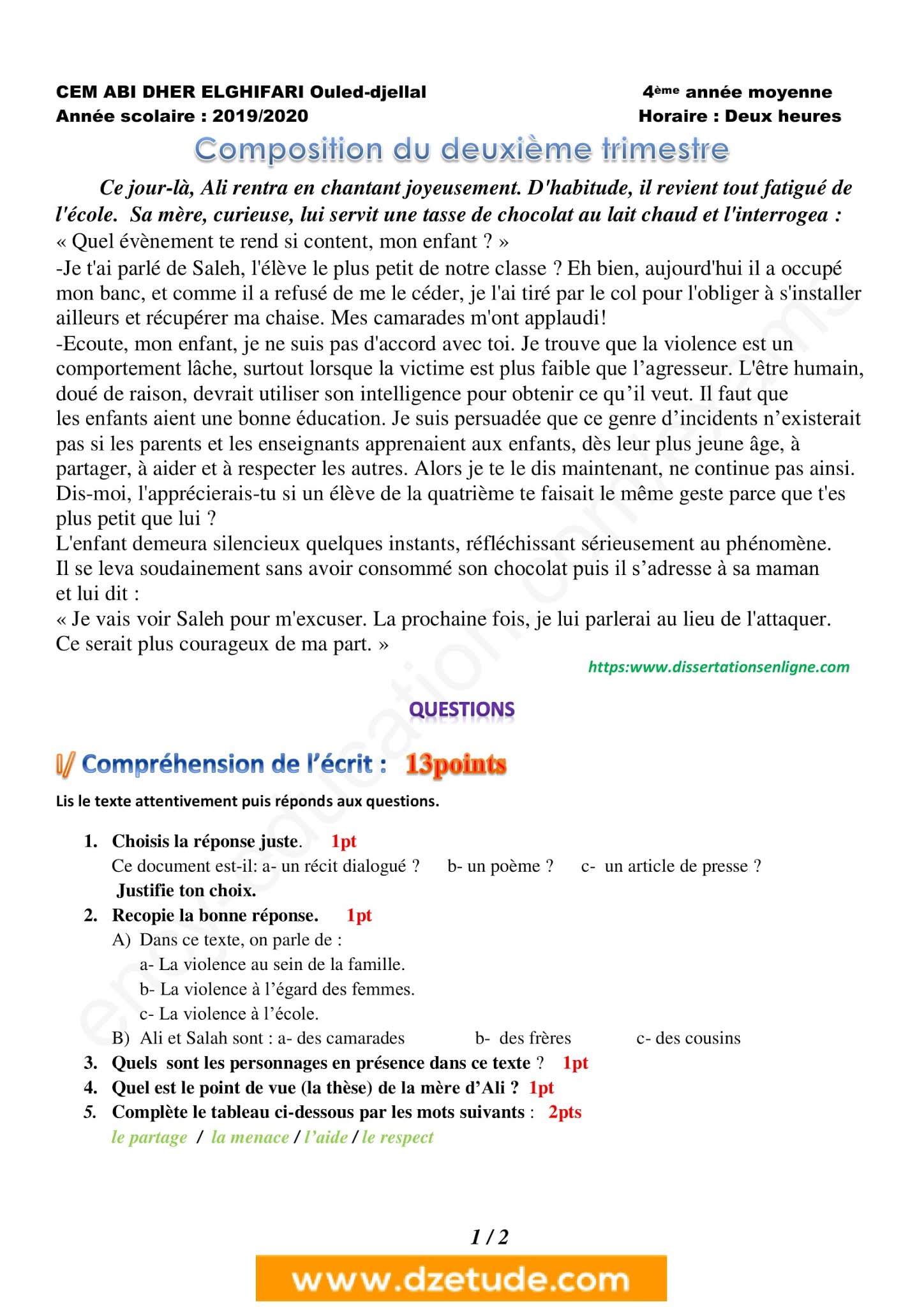 إختبار اللغة الفرنسية الفصل الثاني للسنة الرابعة متوسط - الجيل الثاني نموذج 9