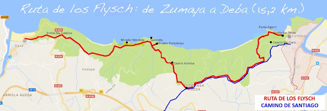 Mapa de la ruta alternativa por los flysch en la etapa de Zumaia a Deba. Camino del Norte