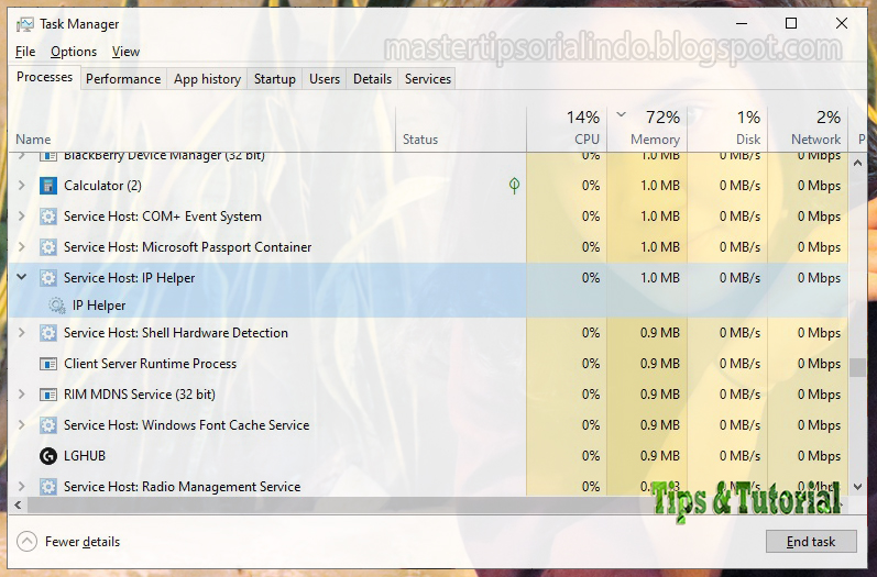 Proses IP Helper Service (iphlpsvc.exe) Menggunakan Memory dan Data yang Tinggi
