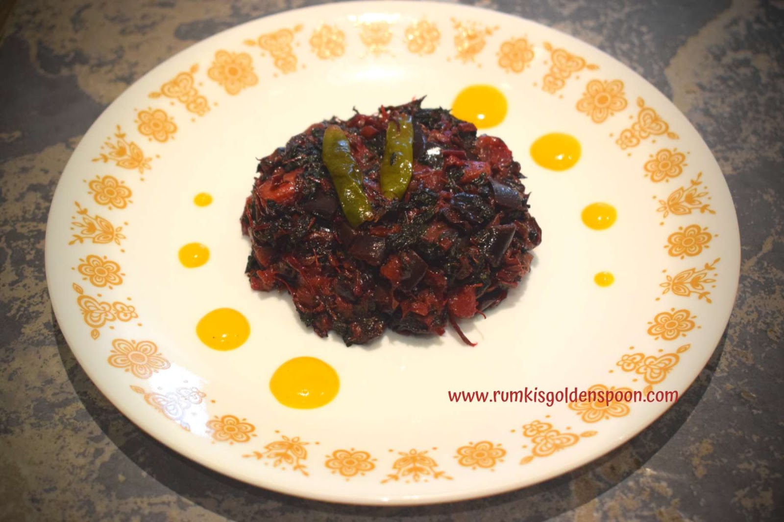 Indian Recipe, Bengali Recipe, Vegan, Vegetarian, Bengali Style Laal Saag (Red Spinach Dry Curry), Laal shaak, amarnath leaves dry curry, laal palak dry curry, Rumki's Golden Spoon