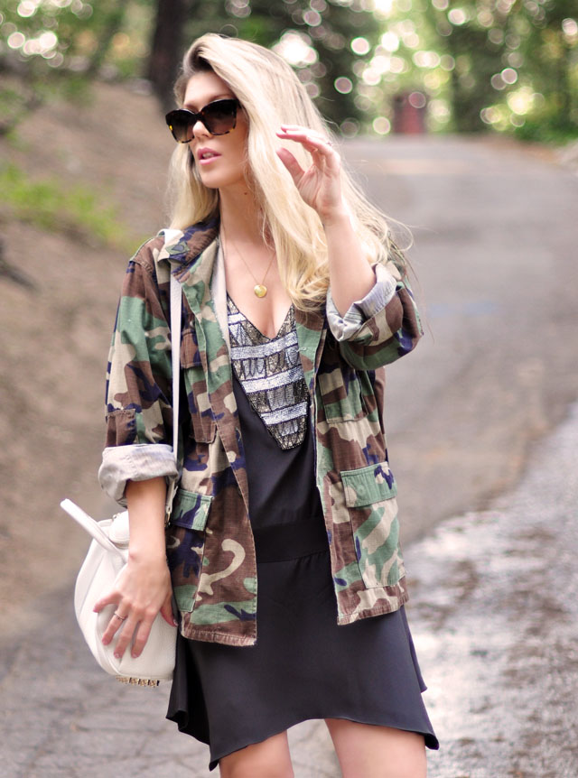 karen zambos dress, camo jacket