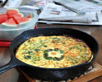 Green Pepper Frittata ♥ AVeggieVenture.com, silky custard + fresh or leftover veggies + pockets of warm cheese. Low Carb. Low Cal. High Protein. Weight Watchers Friendly.