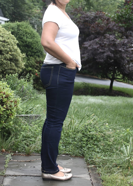 Dark blue pull-on stretch jeans made from the Ginger Jeans sewing pattern by Closet Case Files.