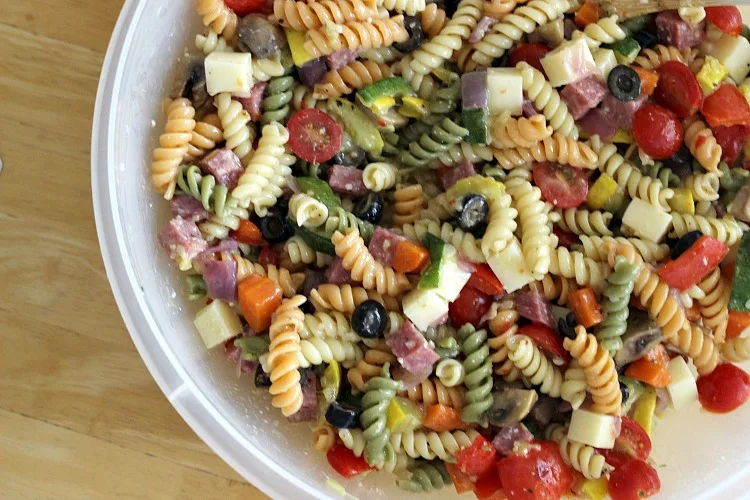 Roasted Vegetable Pasta Salad by Renee's Kitchen Adventures in bowl mixed