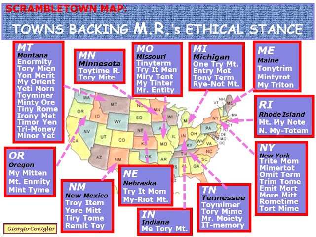 Scrambletown map: anagrams of M-I-T-T R-O-M-N-E-Y wordplay maps; anagrams; American politics; Mitt Romney; political parties; postal abbreviations