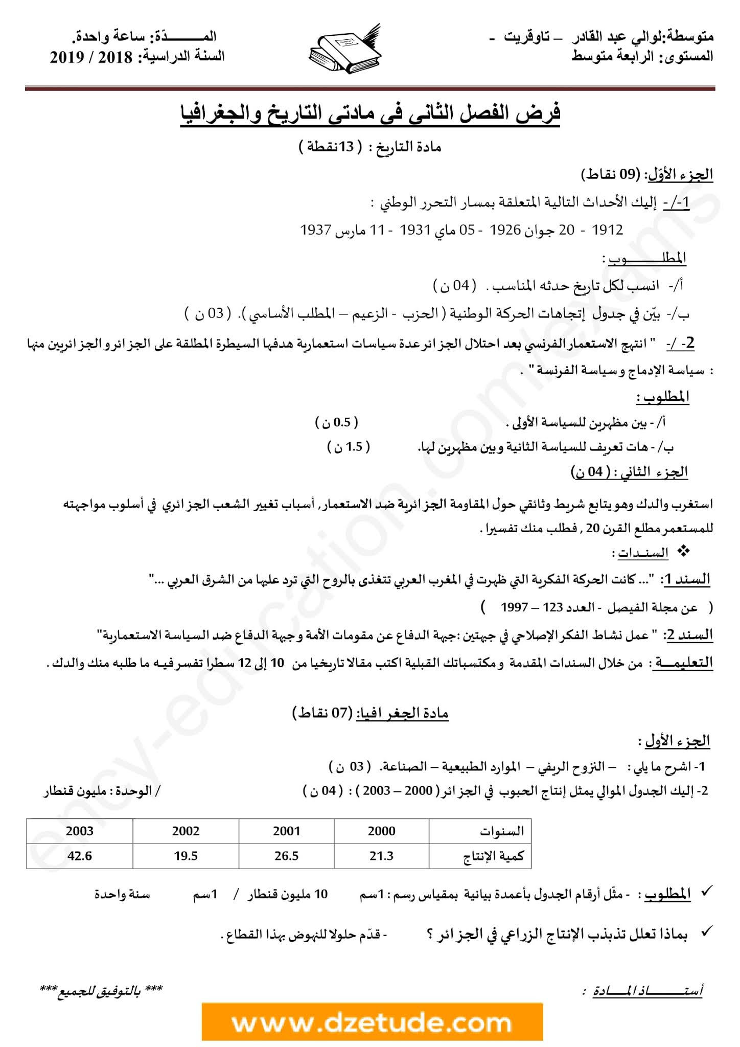 فرض التاريخ والجغرافيا الفصل الثاني للسنة الرابعة متوسط - الجيل الثاني نموذج 2