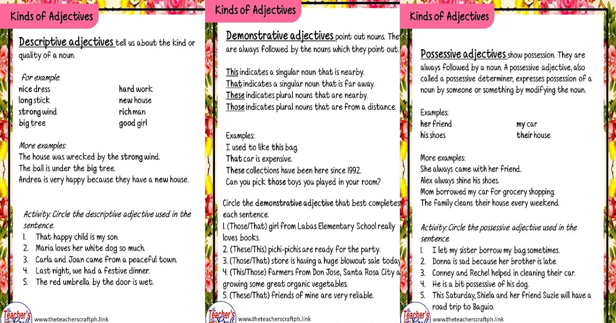 Kinds of Adjective Worksheets English V Wk 8 Q1 The Teacher's Craft