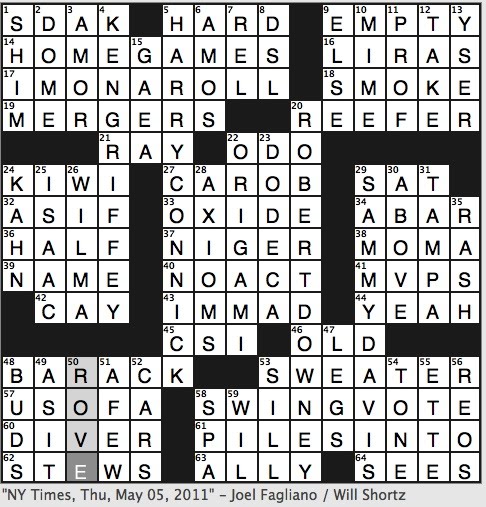 rex parker does the nyt crossword puzzle architect louis thu 5 5 11 only bird with nostrils on tip beak theme for julio iglesias nonrectangular part of skyline series grisly cases