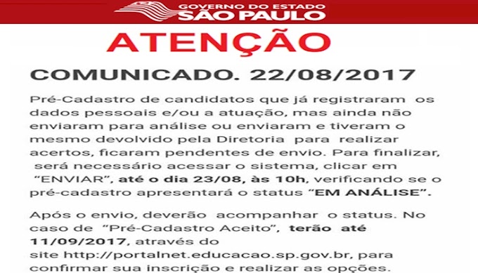 SAIU hoje novo comunicado sobre Pre-cadastro de Professores