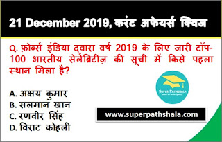 Daily Current Affairs Quiz in Hindi 21 December 2019 Daily Current Affairs Quiz in Hindi 21 December 2019