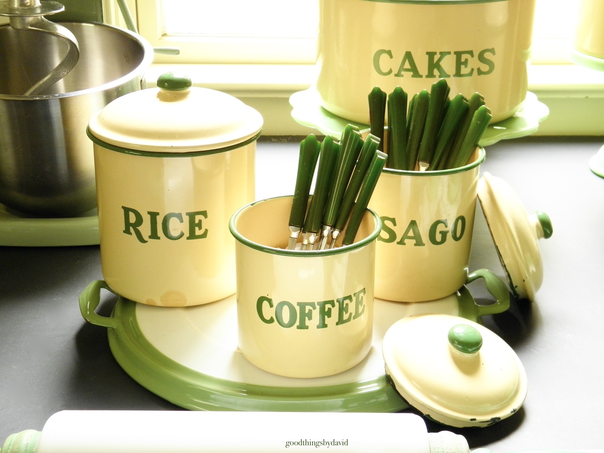 Vintage Cream and Green Enamelware Canisters
