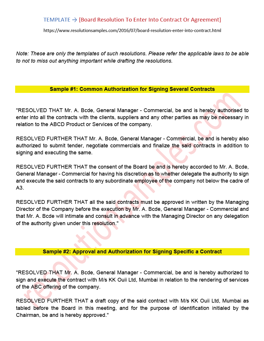 Format of Board Resolution to enter into Contract or Agreement For directors service agreement template