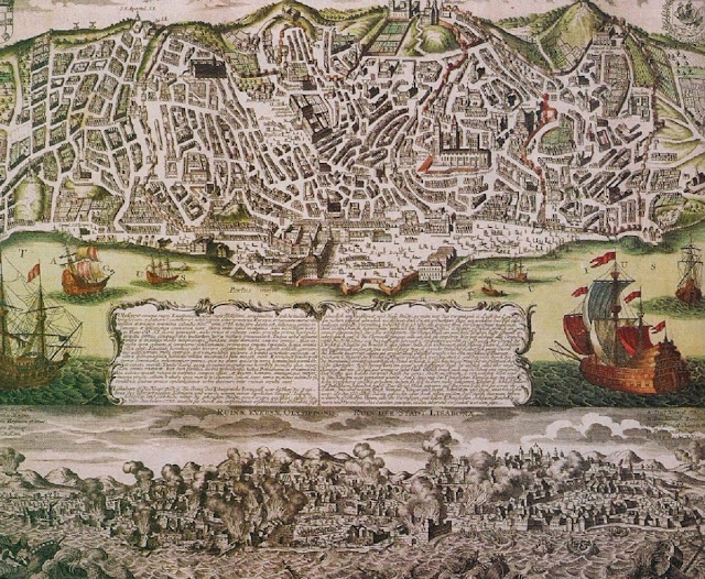 Лиссабон до и во время землетрясения 1755 года в гравюре Mateus Sautter SEC. XVIII (частная кол.)