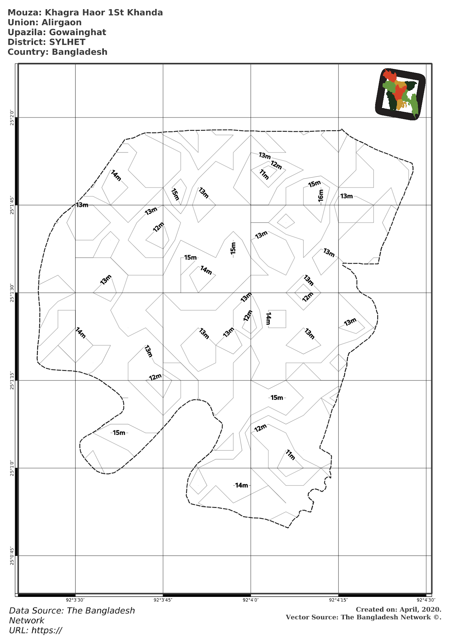 Map of Khagra Haor 1St Khanda Mouza of Gowainghat Upazila, SYLHET, Bangladesh.