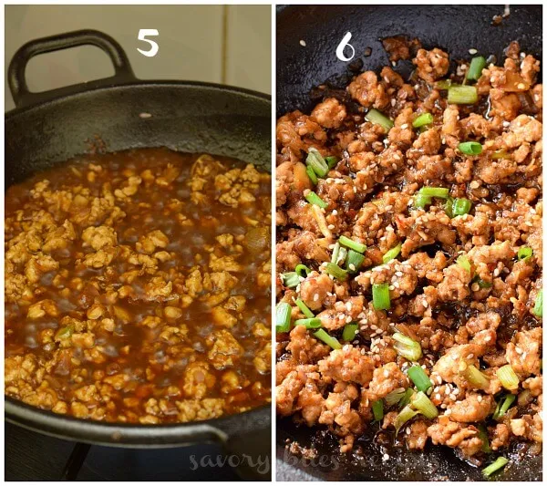 a pan cooking ground chicken topped with sesame seeds, spring onion, red pepper flakes