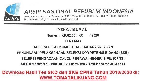 Download Hasil SKD CPNS ANRI Tahun 2020 (Arsip Nasional Republik Indonesia)