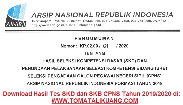 hasil skd cpns anri 2020; hasil skd cpns anri tahun 2019; arsip nasional republik indonesia; tomatalikuang.com
