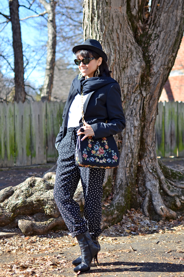 Polka Dots Pants Black Booties Needlepoint Bag