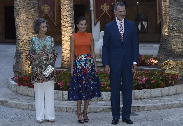 Queen Letizia wore HUGO BOSS Foebe Knit Wool Top. King Felipe VI and former Queen Sofia at summer reception. Carolina Herrera