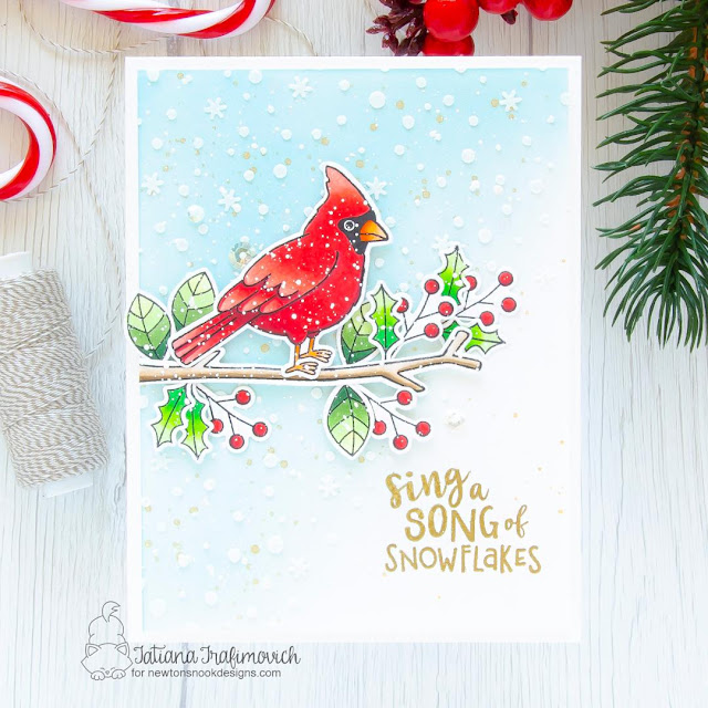 Sing a Song of Snowflakes! Winter Cardinal card by Tatiana Trafimovich | Winter Birds Stamp Set and Petite Snow Stencil by Newton's Nook Designs #newtonsnook #handmade