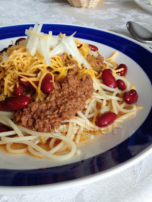 Cincinnati chili, chili five ways, spaghetti, onion, beans, cheese