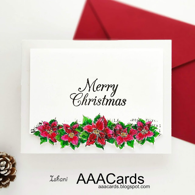 AAA Cards, Stamplorations, Zig clean colour brush pens, water colouring, Digital stamp, Quillish, Christmas card, stamplorations digital stamp, Rows of poinsettia stamplorations
